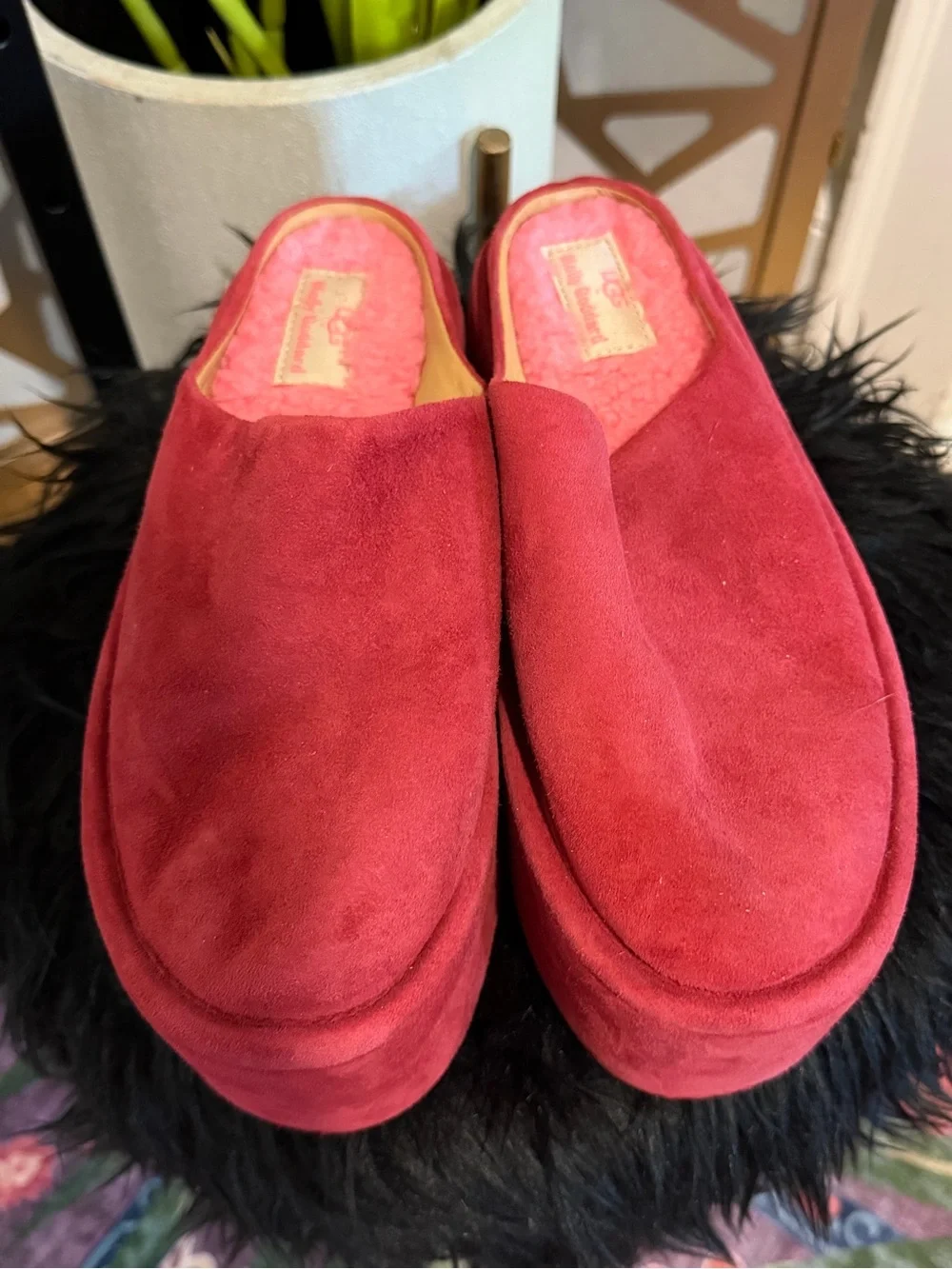 UGG x Molly Goddard Platform Clogs Red Suede Shearling Slides Women’s 8